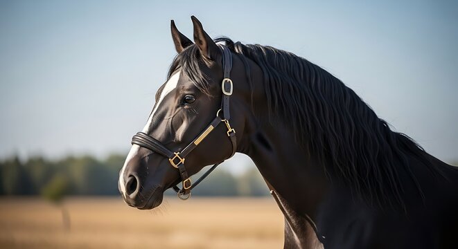 Majestic black horse profile with a leather halter in a sunny field