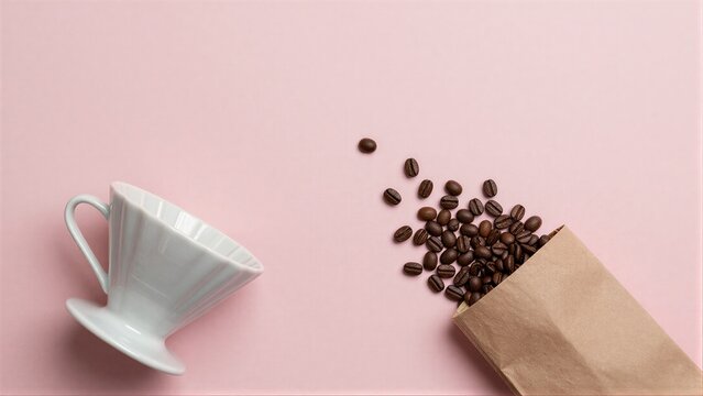 Coffee beans spill from a bag beside a white pour-over cup on pink