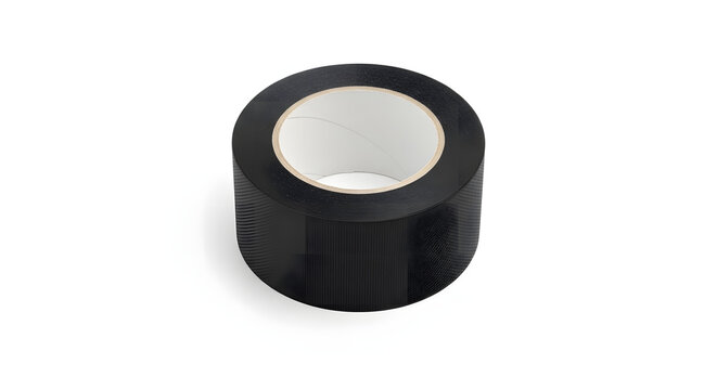 Single roll of professional matte black gaffer tape with visible cloth texture and white cardboard core, isolated on a solid white background for film, stage, and studio production.