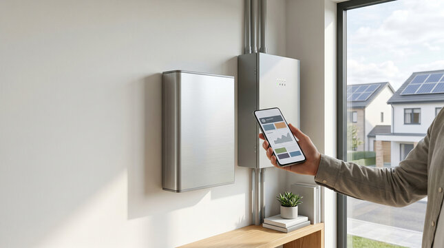 Homeowner managing household energy trading with battery storage and mobile control