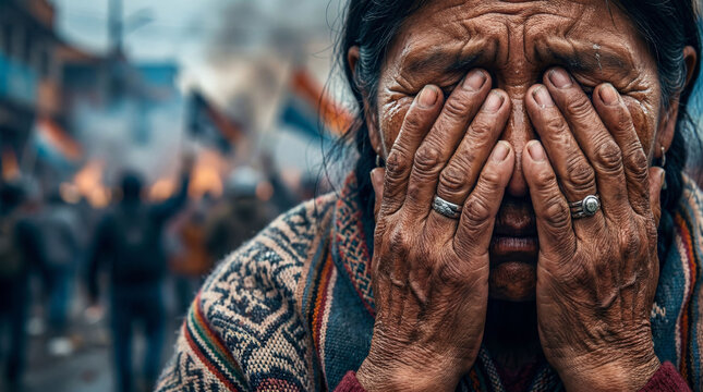 Mujer ind&iacute;gena boliviana llorando con las manos en la cara en primer plano durante una protesta social desenfocada en el altiplano, por detras se ven manifestantes con banderas