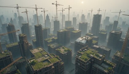 Naklejka premium Overgrown Metropolis: A Dense Cityscape with Construction Cranes Under Hazy Skies