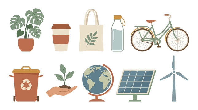 Collection of eco-friendly and sustainable living icons including a plant, reusable items, bicycle, recycling bin, globe, solar panel, and wind turbine.