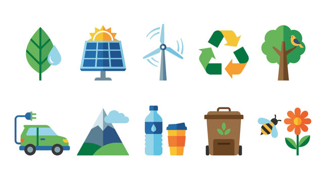 A collection of flat design icons representing various aspects of environmental protection, renewable energy, recycling, and sustainable living.