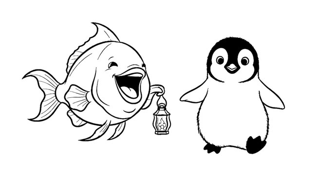 Laughing fish with lantern and cute penguin buddy
