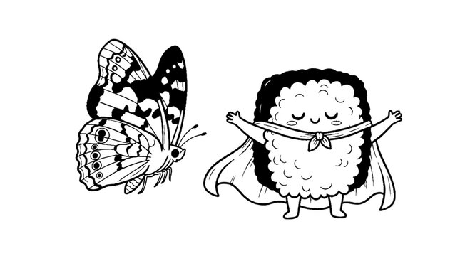 Butterfly and sushi superhero character coloring page