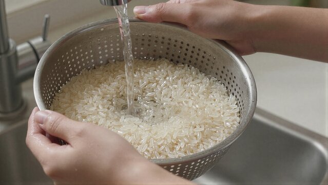 Rice being rinsed under running water in a metal colander by hands.
