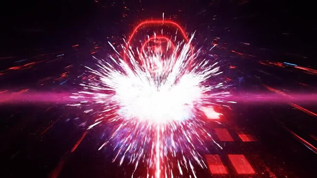 A futuristic, abstract scene depicting a glowing blue and red light source speeding down a dark, neon-lit tunnel or corridor with blurred lines and rectangles. Defects No defects found
