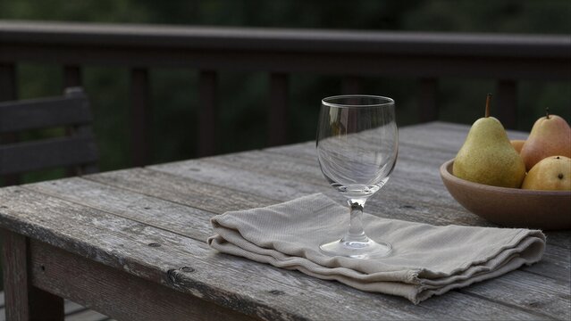 Empty wine glass folded napkin and fruit bowl on rustic wooden table.