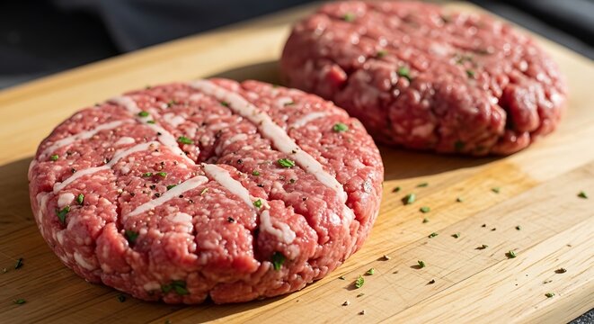 Raw seasoned beef burger patties on a wooden cutting board