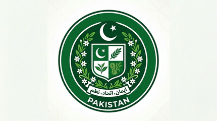 Naklejka premium Pakistan national emblem logo vector illustration with green color scheme and white floral wreath on light background
