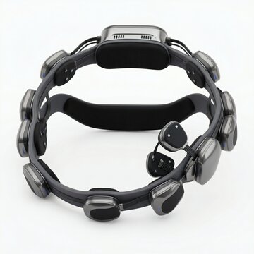 A modern brain-computer interface (BCI) headset with multiple sensor nodes and a central display unit, designed for monitoring brain activity.