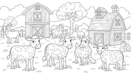 Obraz premium A detailed black and white line art drawing of a farm scene with several cute calves in the foreground and barns, fences, and trees in the background, perfect for coloring.