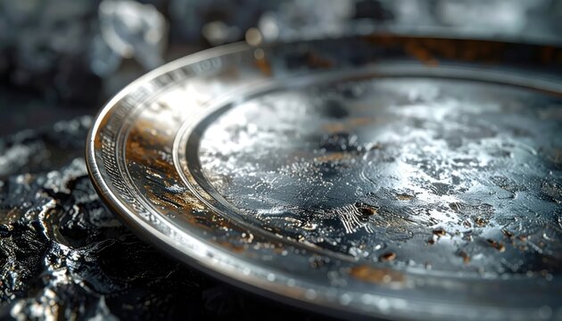 Close-up of a tarnished antique silver platter with intricate details.