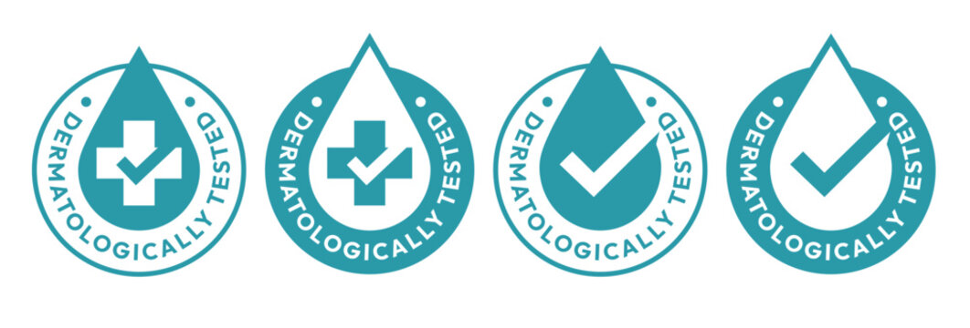 Dermatologically tested set icon. Dermatology, dermatologist, clinically proven, allergy free, laboratory tested, lab, label, logo, badge, symbol, vector. Paraben Free label product packaging design.