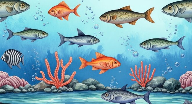 A Painted Underwater World: Diverse Fish Swim Amidst Orange Coral and Bubbles.