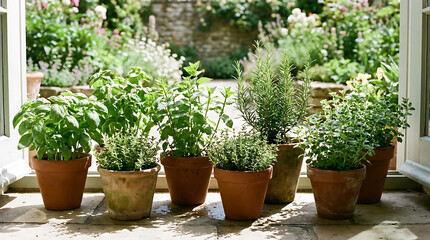 Fototapeta premium Assortment of fresh potted culinary herbs growing vibrantly on an outdoor stone patio windowsill