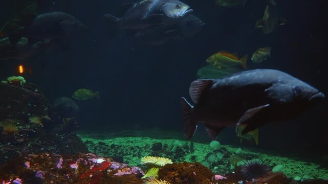 A close up shot of two large, silvery fish with prominent scales, identified as a type of Brycon, swimming slowly in a dimly lit aquarium. The fish move in unison, showcasing their iridescent scales a
