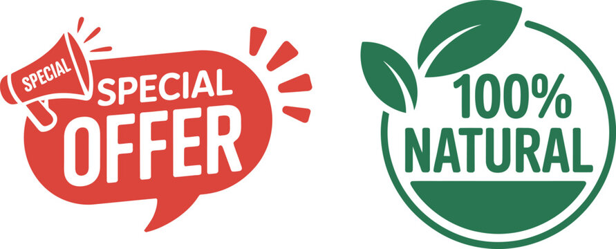 Red megaphone special offer next to a green one hundred percent natural badge featuring two leaves for organic product marketing and retail promotion