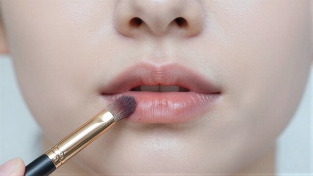 A person applies lipstick with a brush focusing on the lips.