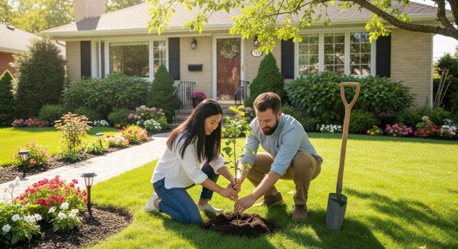 Planting New Roots: A Happy Couple Tends to Their Garden in Front of Their Suburban Home.