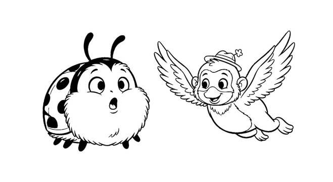 Flying Monkey and Ladybug, Whimsical Illustration in a Playful Environment