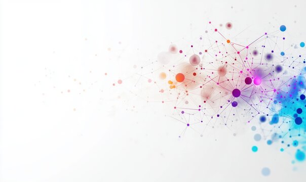 Colorful interconnected nodes and thin lines forming an abstract network of glowing circles and dots on a white background, conveying dynamic futuristic connectivity and energy