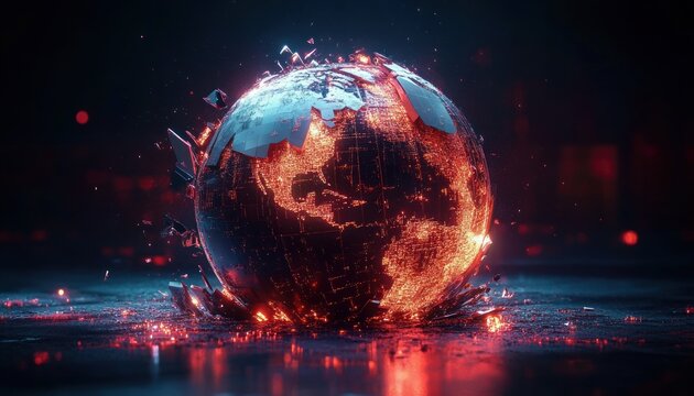 cracked glowing digital globe with fiery circuitry and icy blue shards in a dramatic futuristic destruction scene