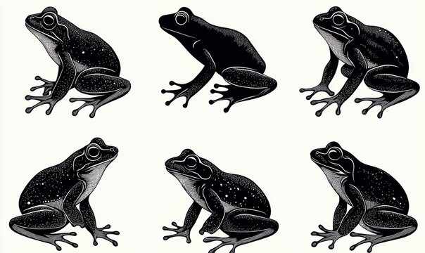 Six detailed black and white stippled frog illustrations in varied sitting poses, calm and poised, high-contrast nature study on white background