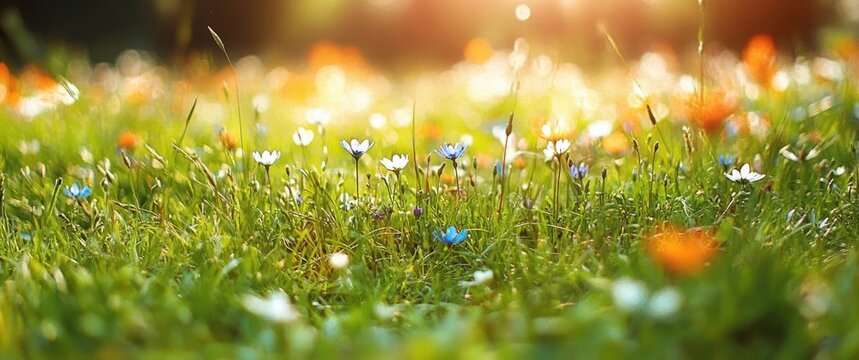 sunlit wildflower meadow with tiny white blue and orange blooms in dewy grass, dreamy warm morning glow