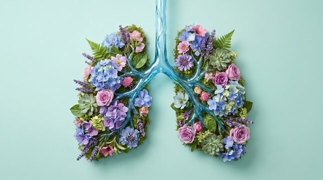Representa&ccedil;&atilde;o art&iacute;stica de pulm&otilde;es humanos formados por flores coloridas e folhas verdes. Conceito de sa&uacute;de respirat&oacute;ria, ar limpo, ecologia e medicina natural.
