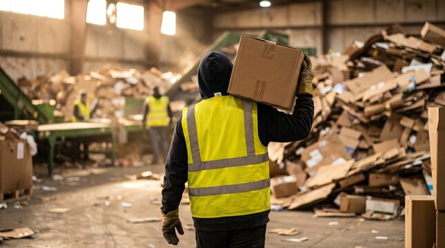  Ouvrier en gilet de haute visibilit&eacute; portant une bo&icirc;te en carton dans un grand entrep&ocirc;t de recyclage ou une d&eacute;chetterie