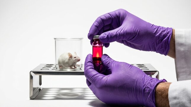 Scientist in purple gloves holds a vial of red liquid next to a white laboratory mouse in a test tube holder