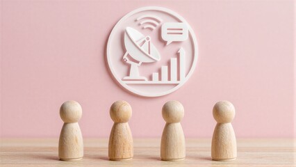 Fototapeta premium Wooden figures face a communication icon symbolizing teamwork and