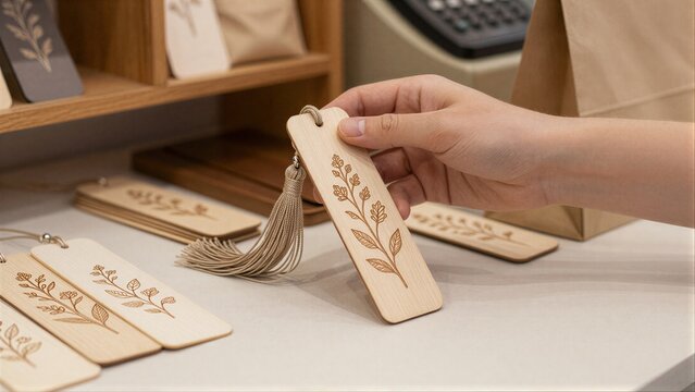 Hand holds wooden bookmark with floral engraving and tassel rustic