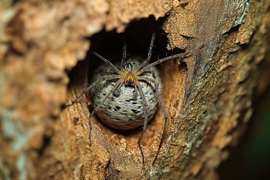 Watchful spider guarding a mottled egg sac in a tree bark crevice, tense protective stance