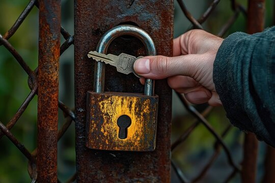 hand holding key at rusted padlock on weathered chain link gate, close-up showing textured corrosion and a determined attempt to unlock
