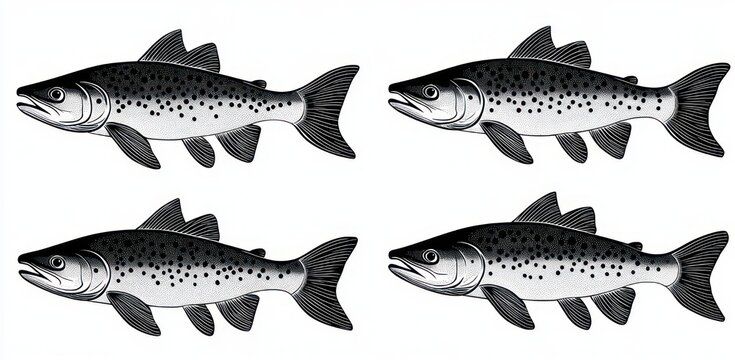 Four black and white stylized trout illustrations with spotted bodies arranged in two rows on a clean white background, orderly and calm
