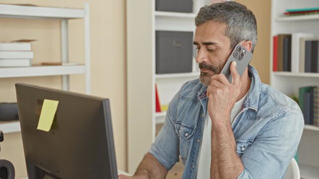 Man holding smartphone to ear while typing at desktop computer in building, wearing denim shirt, looking at monitor with sticky note on screen and using keyboard; focused.