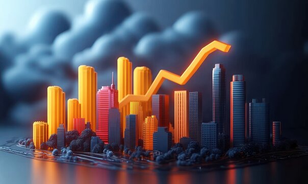Miniature futuristic cityscape with glowing orange skyscrapers, dark blue high-rises, trees and reflective streets under stormy clouds, a rising orange arrow signaling dramatic optimistic growth