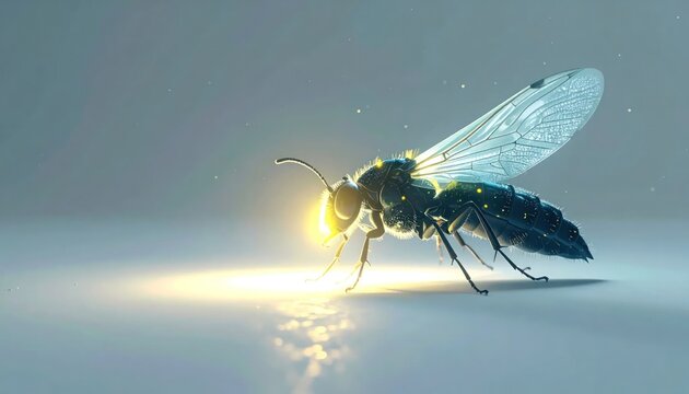 Close-up of a bee with glowing light on a reflective surface.