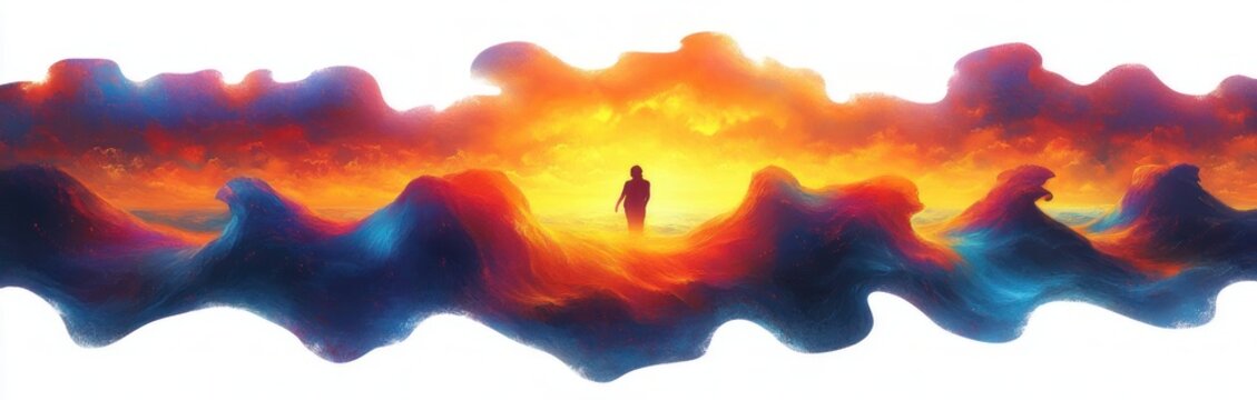 lone silhouette standing on undulating cosmic waves beneath a blazing sunset sky, vibrant blues and fiery oranges creating a dreamlike sense of awe and solitude