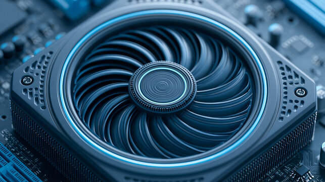 Close-up of a high-performance computer fan on a motherboard, its blue LED light glowing with technological power