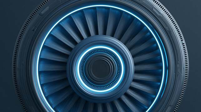 Futuristic jet engine turbine with glowing blue neon light in dark industrial setting technology marvel