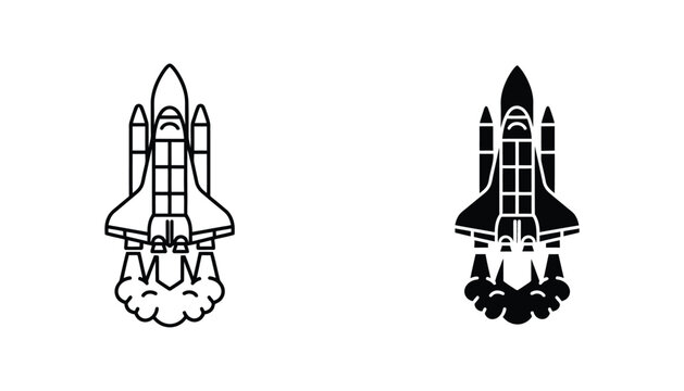 Space shuttle vector icon isolated on white Black and white outline line art and solid glyph silhouette