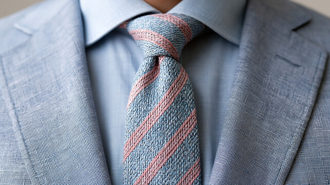 Close-up of a man wearing a light blue suit and a striped tie