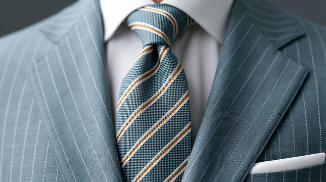 Close up of a man wearing a light blue pinstripe suit with a white shirt and striped tie pocket square