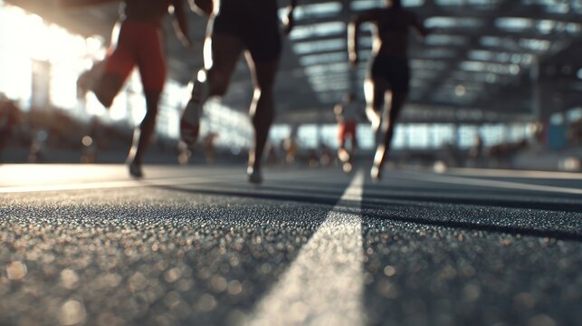 Group of runners racing on an outdoor track during sunset with motion blur and vibrant lighting