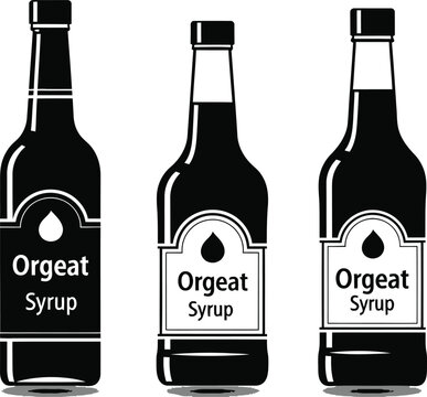 Collection of Three Orgeat Syrup Bottles Presented As Clean Black Silhouette Vectors