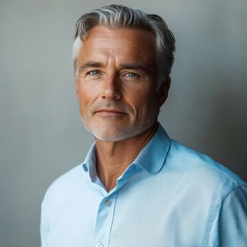anonymized portrait of a mature man with salt-and-pepper hair wearing a light blue dress shirt and a neutral, calm expression against a plain gray studio background
